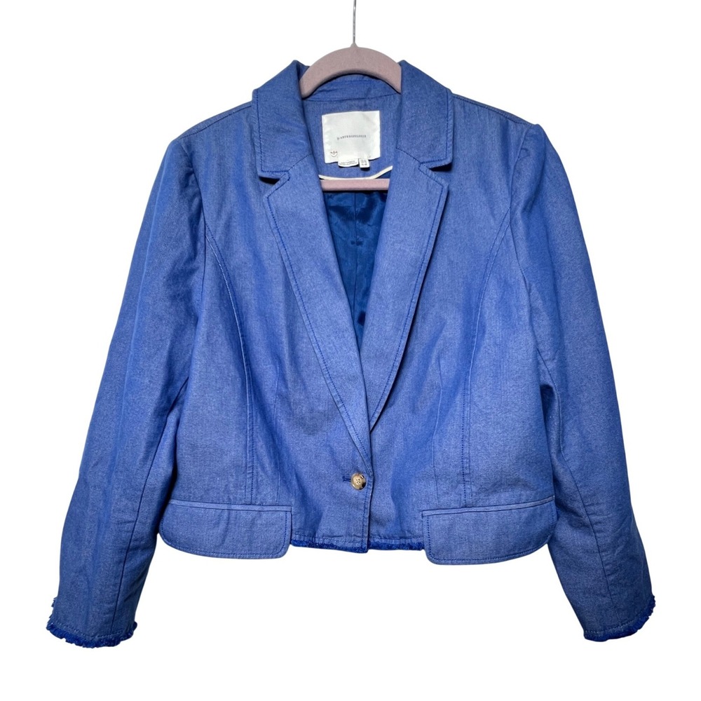 Anthropologie Womens Blazer Cropped Fringed Hem 14 Blue Cotton Jacket OB1525701